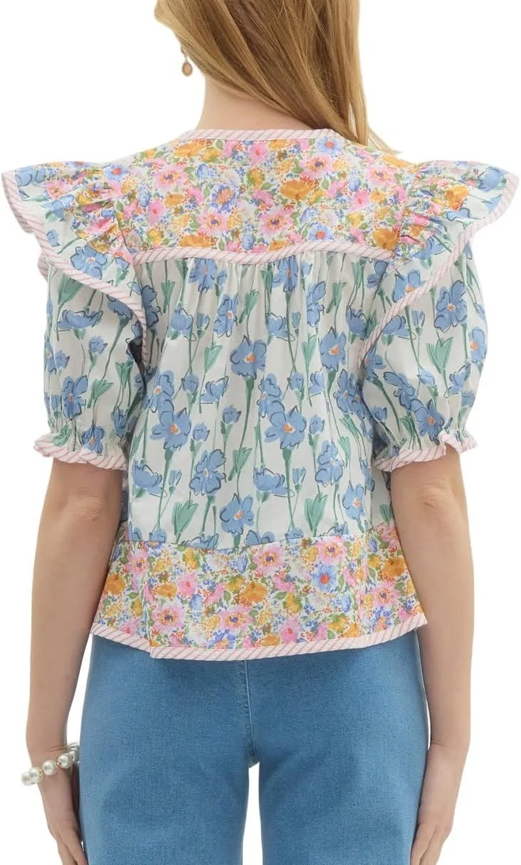 Women Floral Ruffle Short Sleeve Tops Flare Shoulder Boho Babydoll T Shirts Casual Flutter Sleeves Summer Blouse