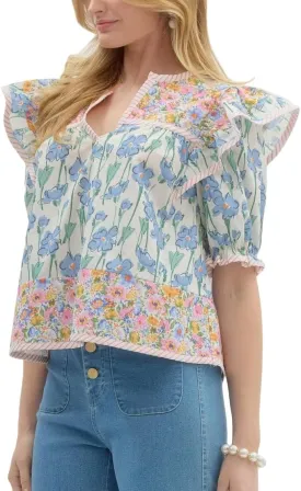 Women Floral Ruffle Short Sleeve Tops Flare Shoulder Boho Babydoll T Shirts Casual Flutter Sleeves Summer Blouse