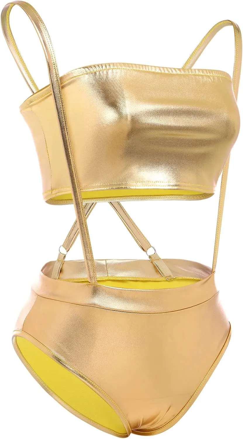 Women Shiny Metallic Bandeau Top   Suspender Hot Shorts Sexy Holographic Metallic Set Rave Outfit Sexy Bikini Clubwear