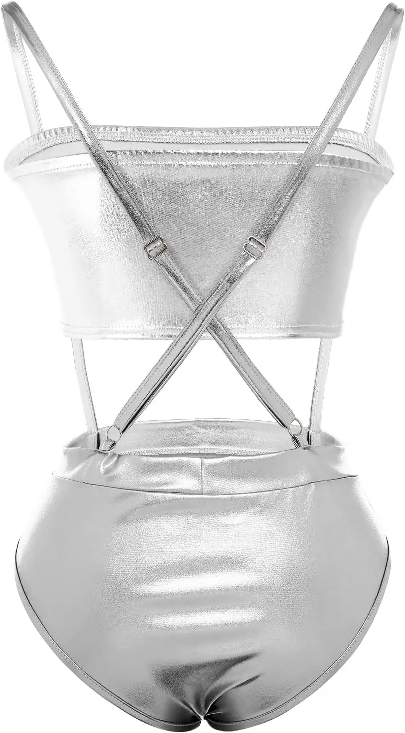 Women Shiny Metallic Bandeau Top   Suspender Hot Shorts Sexy Holographic Metallic Set Rave Outfit Sexy Bikini Clubwear