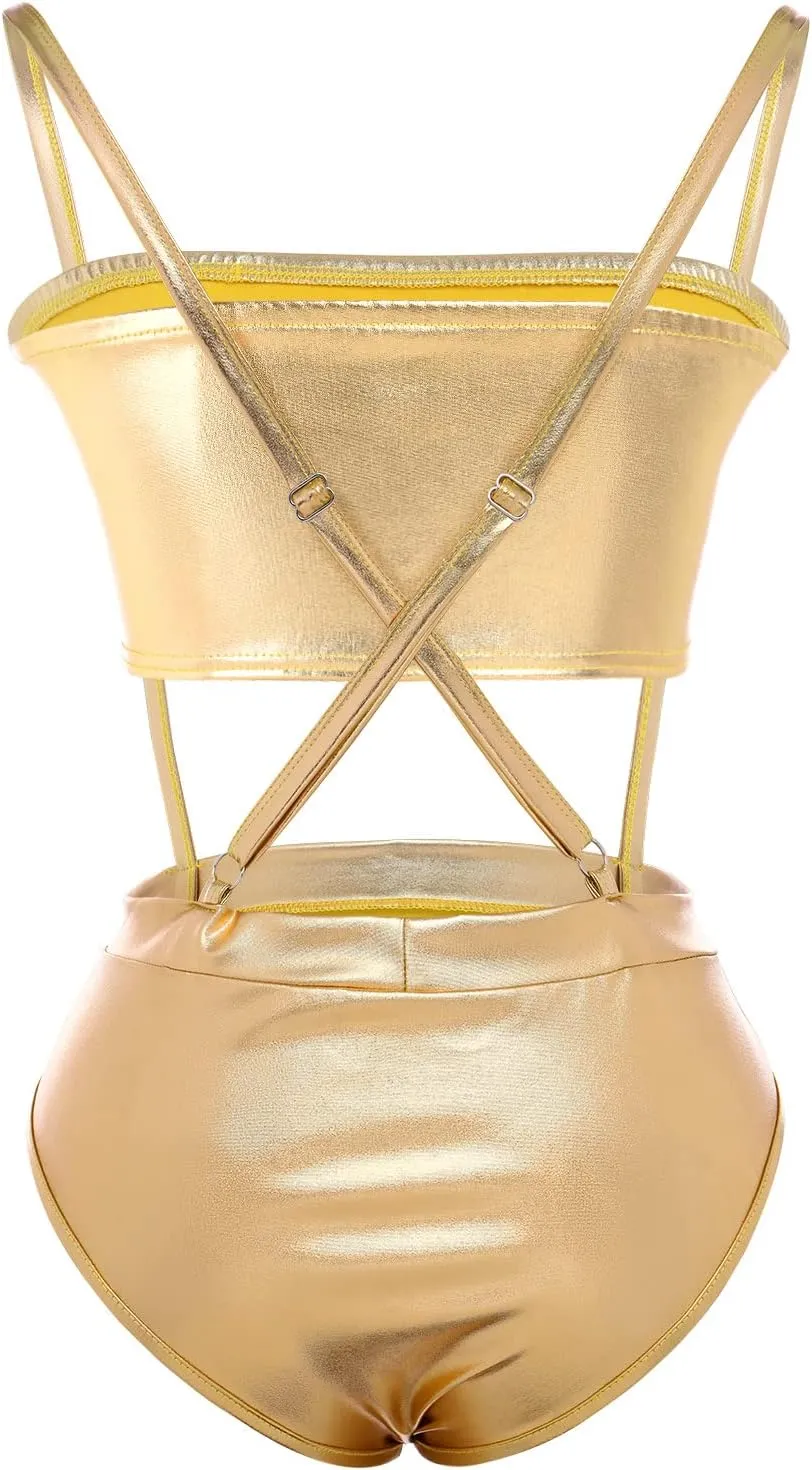 Women Shiny Metallic Bandeau Top   Suspender Hot Shorts Sexy Holographic Metallic Set Rave Outfit Sexy Bikini Clubwear