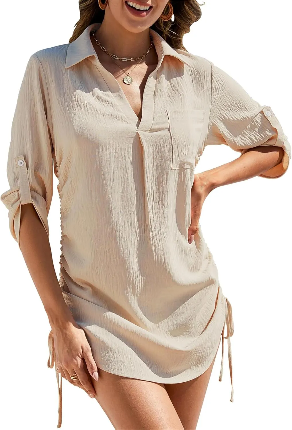 Womens Bathing Suit Cover Ups, Sexy V-Neck Drawstring Bikini Cover-Up Beach Shirt Dress Summer Swimwear Shirt