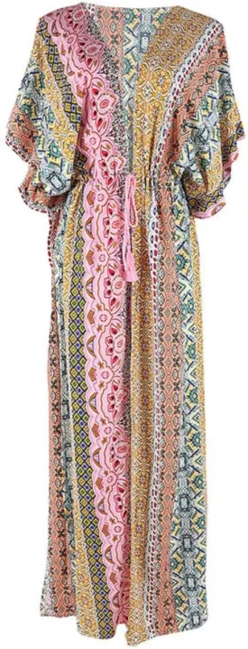 Women's Boho Kimono Cardigan Long Beach Cover Up Colorful Ethnic Print Open Front Duster with Waist Tie Summer Vacation Pool Swimsuit Coverup Inspired, For under 150 lbs
