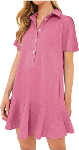 Women's Button Down Shirt Dress Summer Casual Short Sleeve Cotton Linen Ruffle Shift Mini Dresses