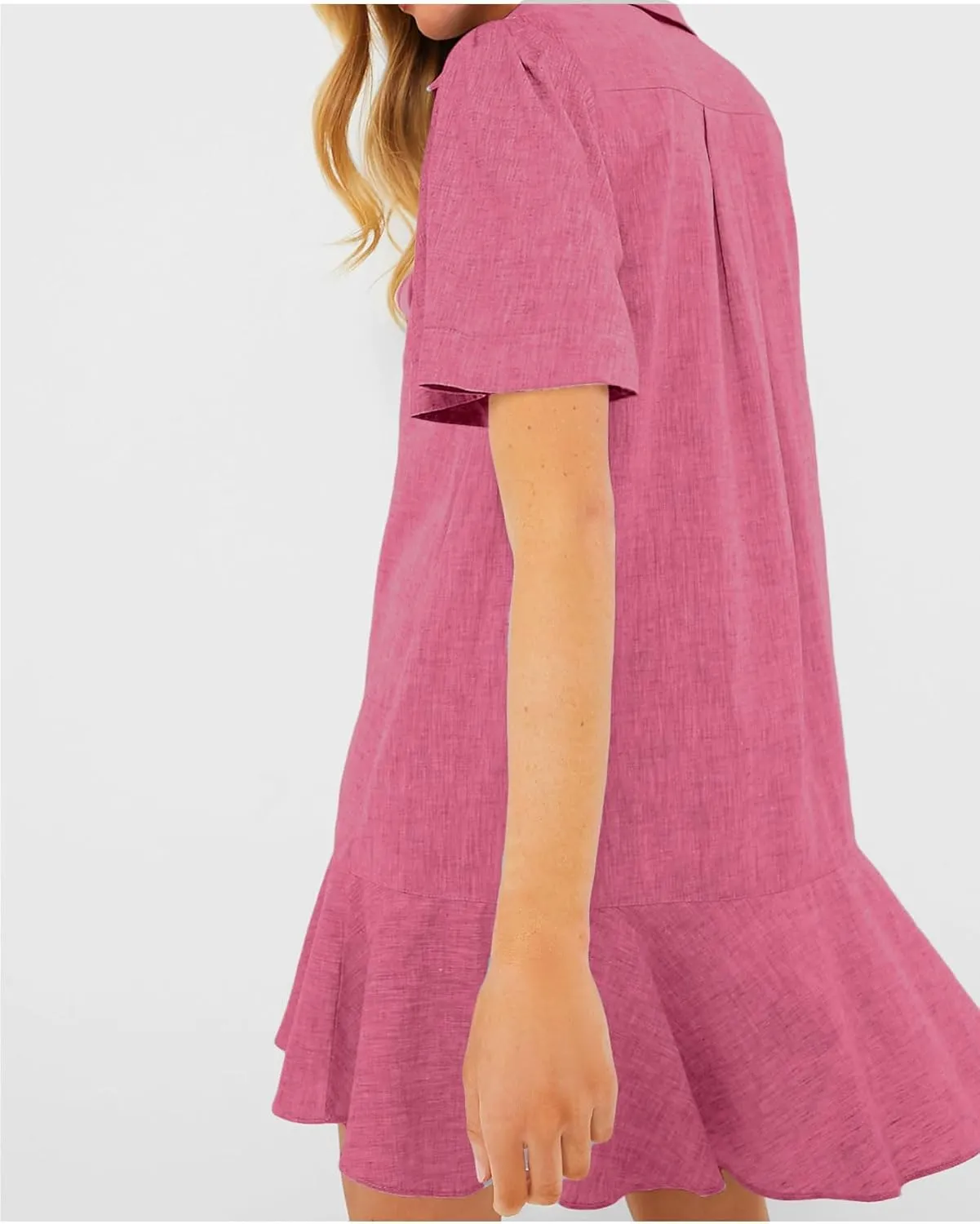 Women's Button Down Shirt Dress Summer Casual Short Sleeve Cotton Linen Ruffle Shift Mini Dresses