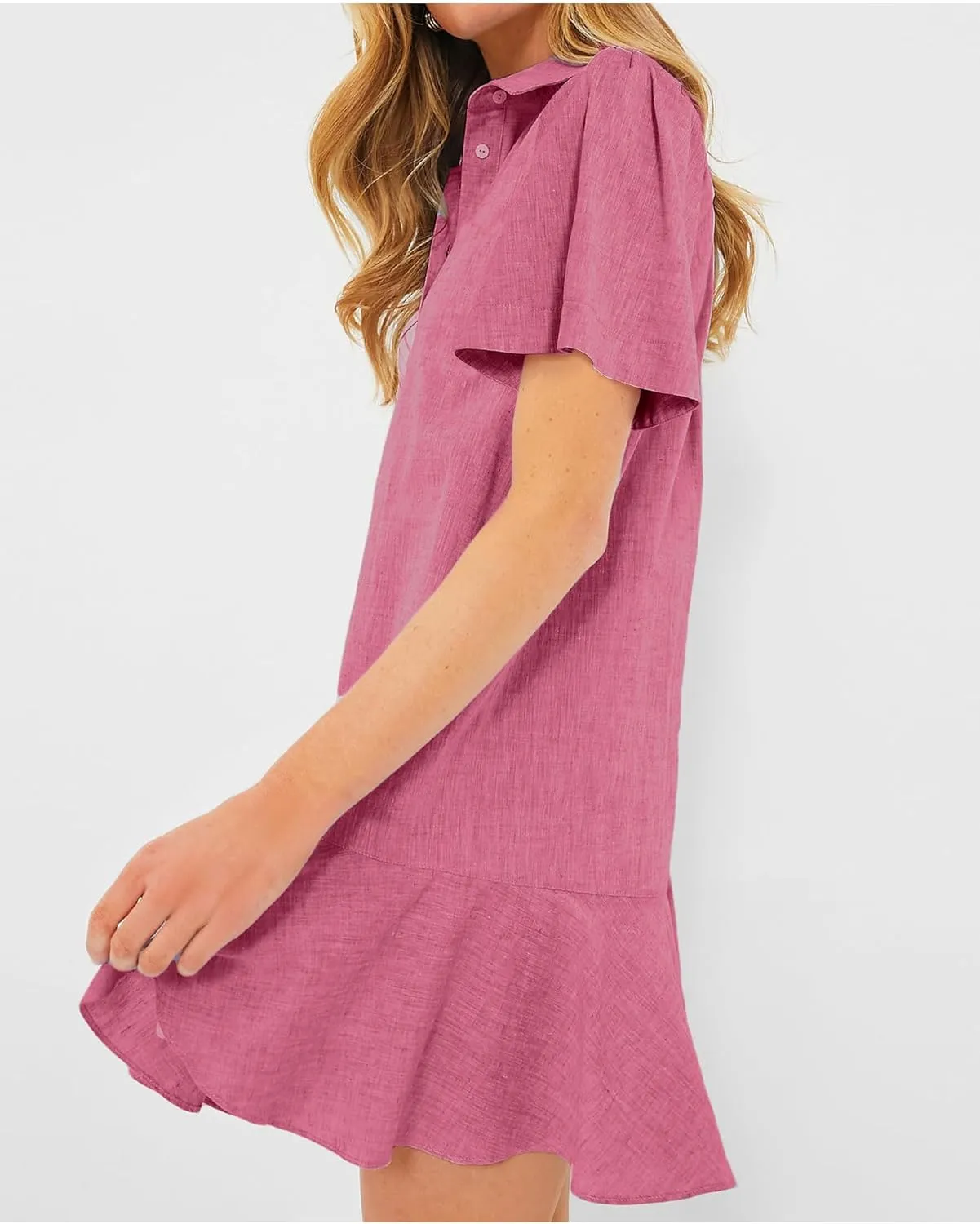 Women's Button Down Shirt Dress Summer Casual Short Sleeve Cotton Linen Ruffle Shift Mini Dresses