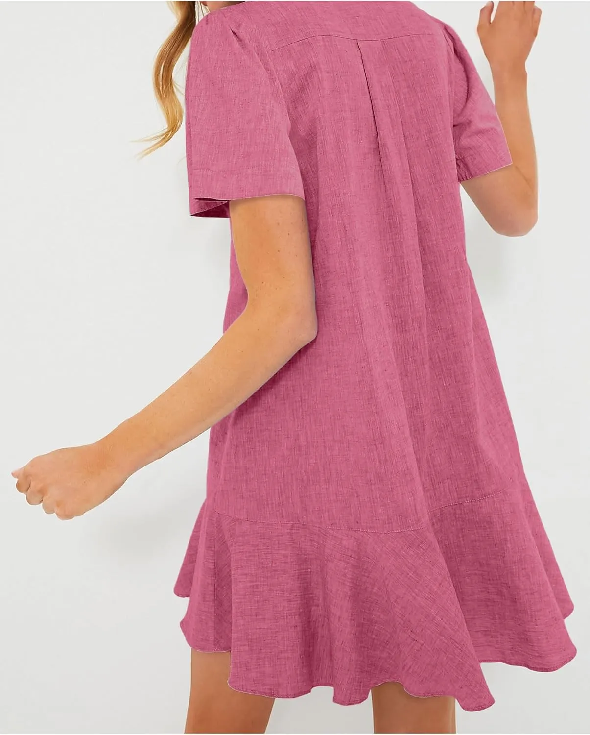Women's Button Down Shirt Dress Summer Casual Short Sleeve Cotton Linen Ruffle Shift Mini Dresses
