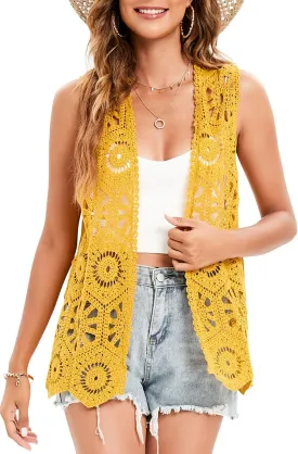 Women's Crochet Vest Sleeveless Boho Lace Cardigan (Geometry Yellow)