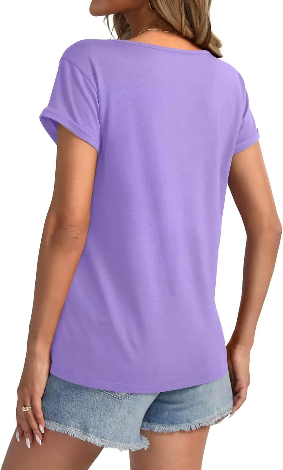 Womens Deep V Neck Short Sleeve T Shirts Casual Loose Fit Shirt Sexy Summer Tops Folded Sleeves Basic Tee 2025