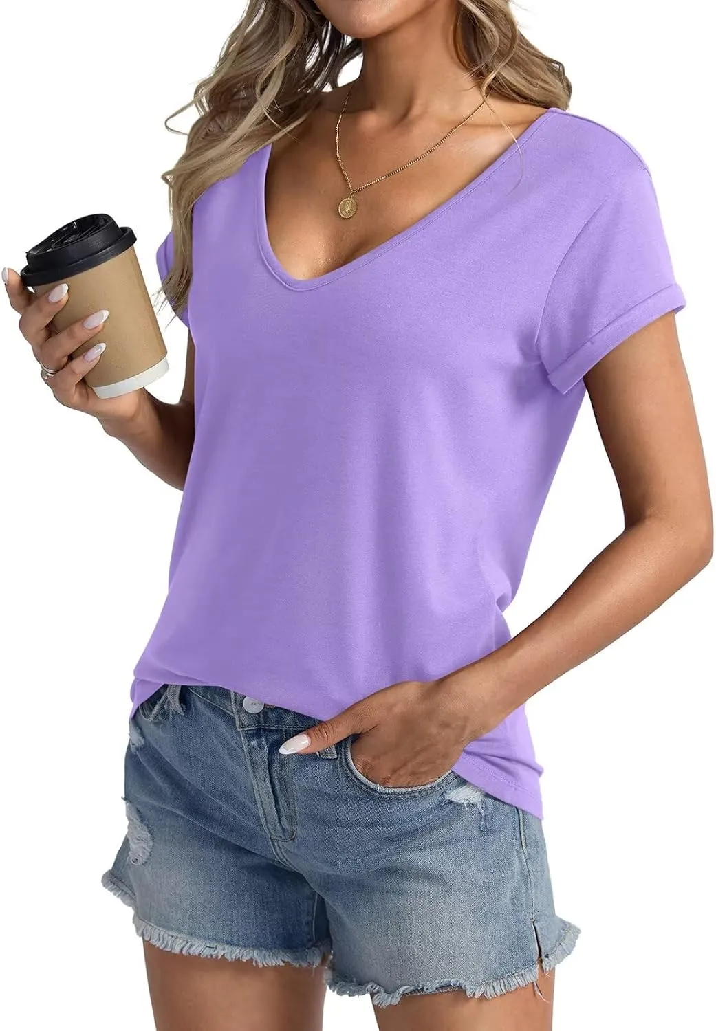 Womens Deep V Neck Short Sleeve T Shirts Casual Loose Fit Shirt Sexy Summer Tops Folded Sleeves Basic Tee 2025