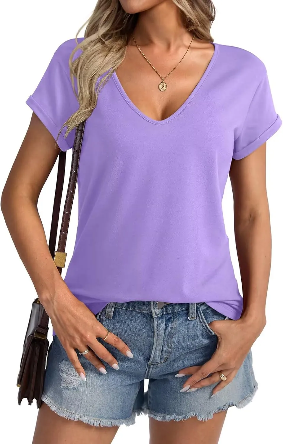 Womens Deep V Neck Short Sleeve T Shirts Casual Loose Fit Shirt Sexy Summer Tops Folded Sleeves Basic Tee 2025