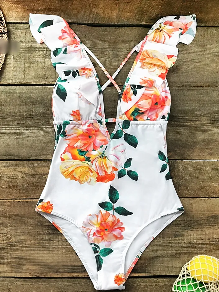 Women's Floral Deep V Neck Monokini Swimsuit