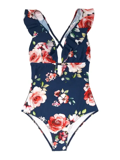 Women's Floral Deep V Neck Monokini Swimsuit