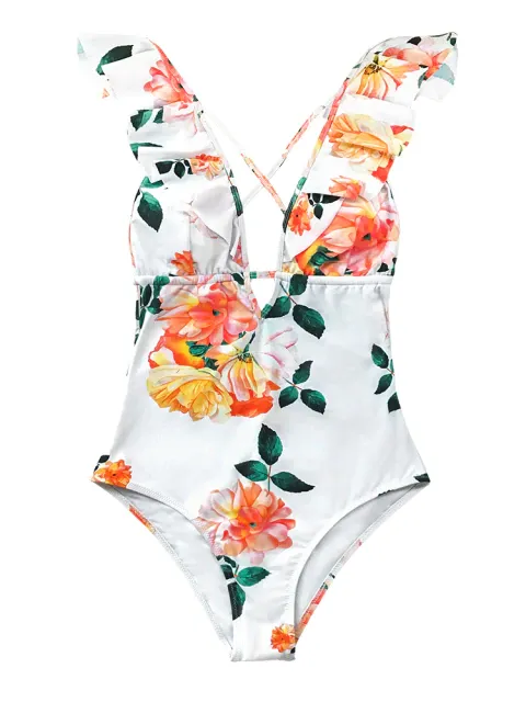 Women's Floral Deep V Neck Monokini Swimsuit