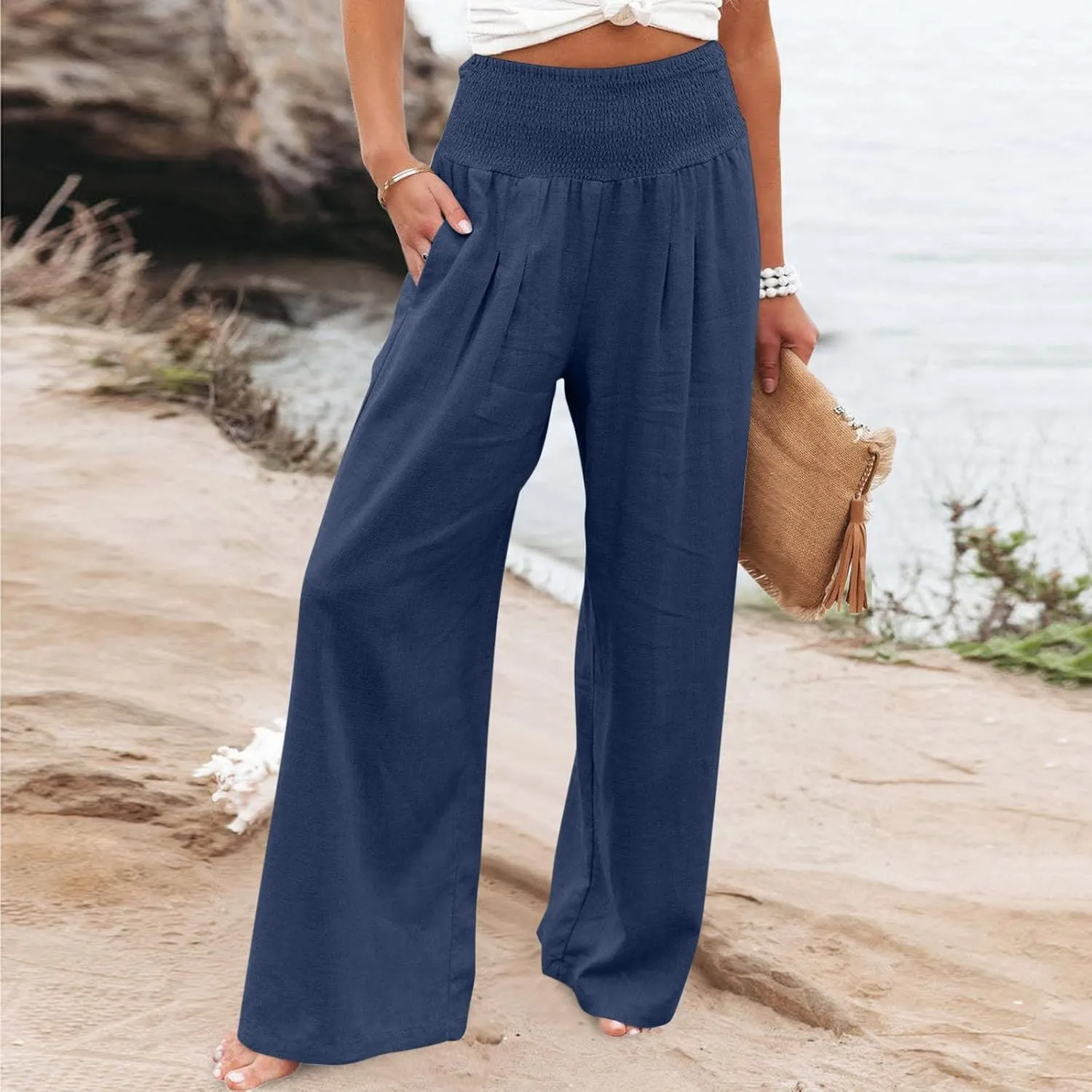 Women's High Waist Wide Leg Pants, Dressy Casual Palazzo Pant Solid Casual Beach Pant Flowy Trousers for Ladies