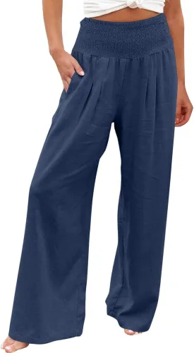 Women's High Waist Wide Leg Pants, Dressy Casual Palazzo Pant Solid Casual Beach Pant Flowy Trousers for Ladies