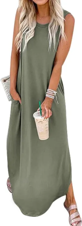 Women's Loose Sundress Long Dress Sleeveless Split Maxi Dresses 2025 Summer Beach Dress with Pockets