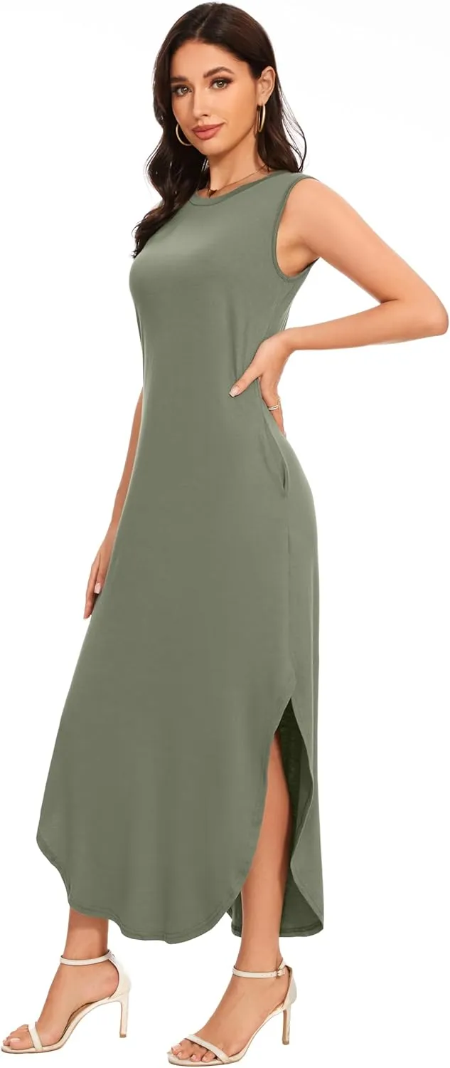 Women's Loose Sundress Long Dress Sleeveless Split Maxi Dresses 2025 Summer Beach Dress with Pockets