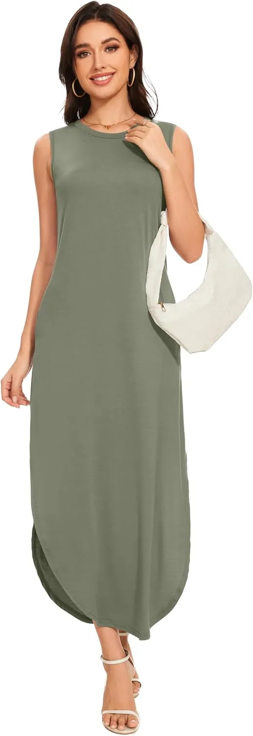Women's Loose Sundress Long Dress Sleeveless Split Maxi Dresses 2025 Summer Beach Dress with Pockets