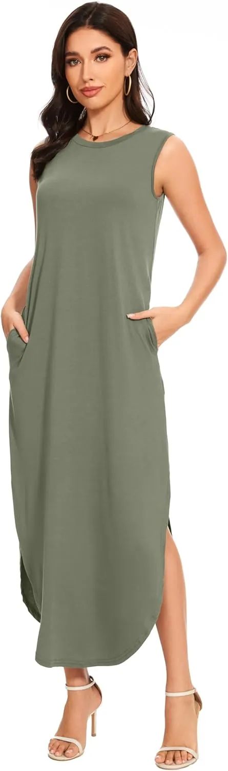 Women's Loose Sundress Long Dress Sleeveless Split Maxi Dresses 2025 Summer Beach Dress with Pockets