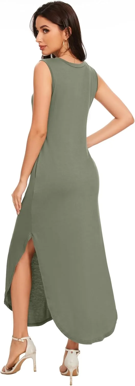 Women's Loose Sundress Long Dress Sleeveless Split Maxi Dresses 2025 Summer Beach Dress with Pockets