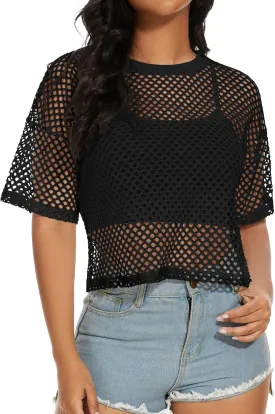 Women's Mesh Fishnet Top See Through Cover Up Short Sleeves T Shirts Sheer Blouse