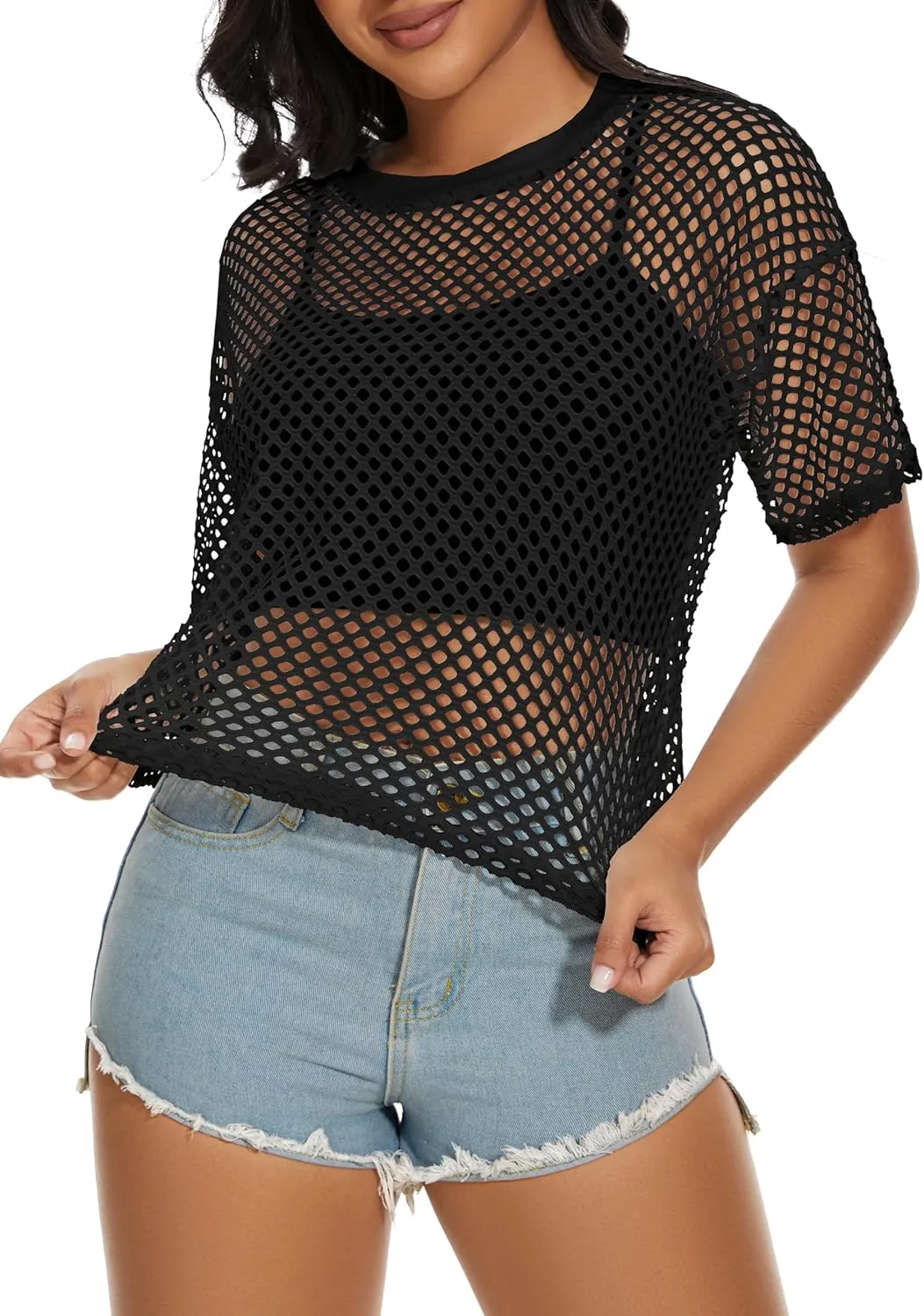 Women's Mesh Fishnet Top See Through Cover Up Short Sleeves T Shirts Sheer Blouse