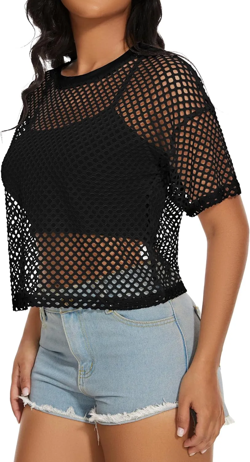Women's Mesh Fishnet Top See Through Cover Up Short Sleeves T Shirts Sheer Blouse