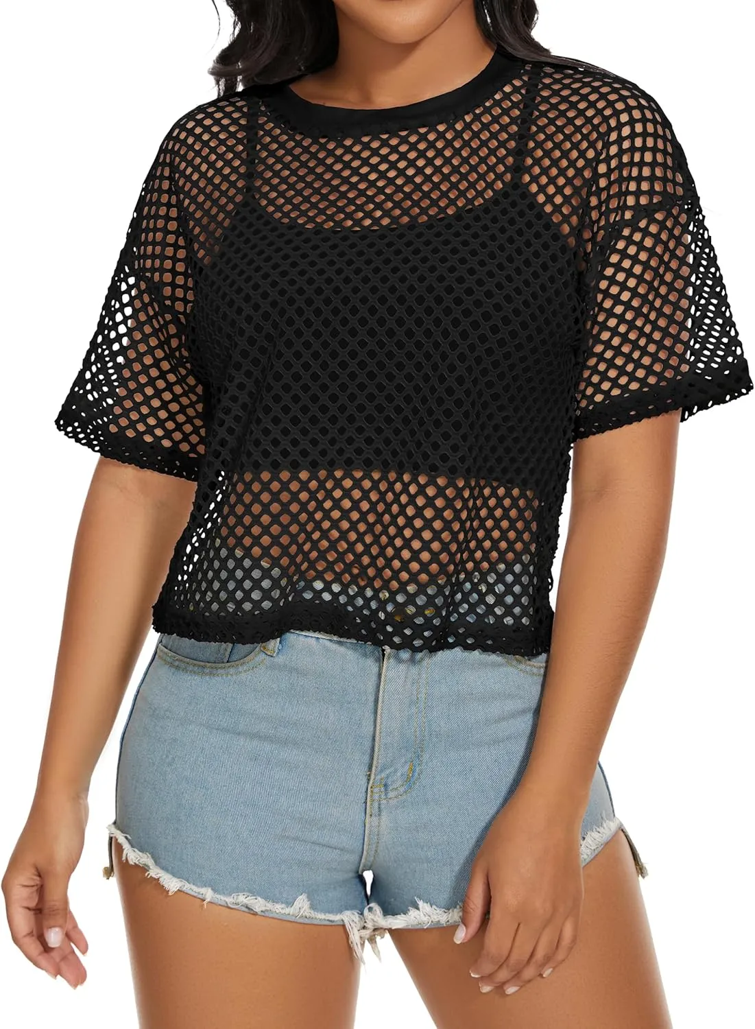 Women's Mesh Fishnet Top See Through Cover Up Short Sleeves T Shirts Sheer Blouse