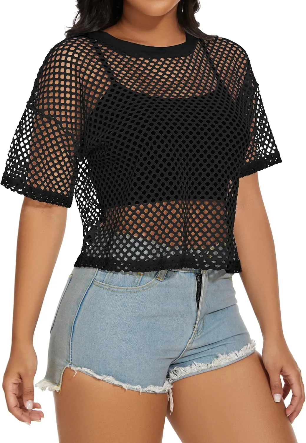 Women's Mesh Fishnet Top See Through Cover Up Short Sleeves T Shirts Sheer Blouse