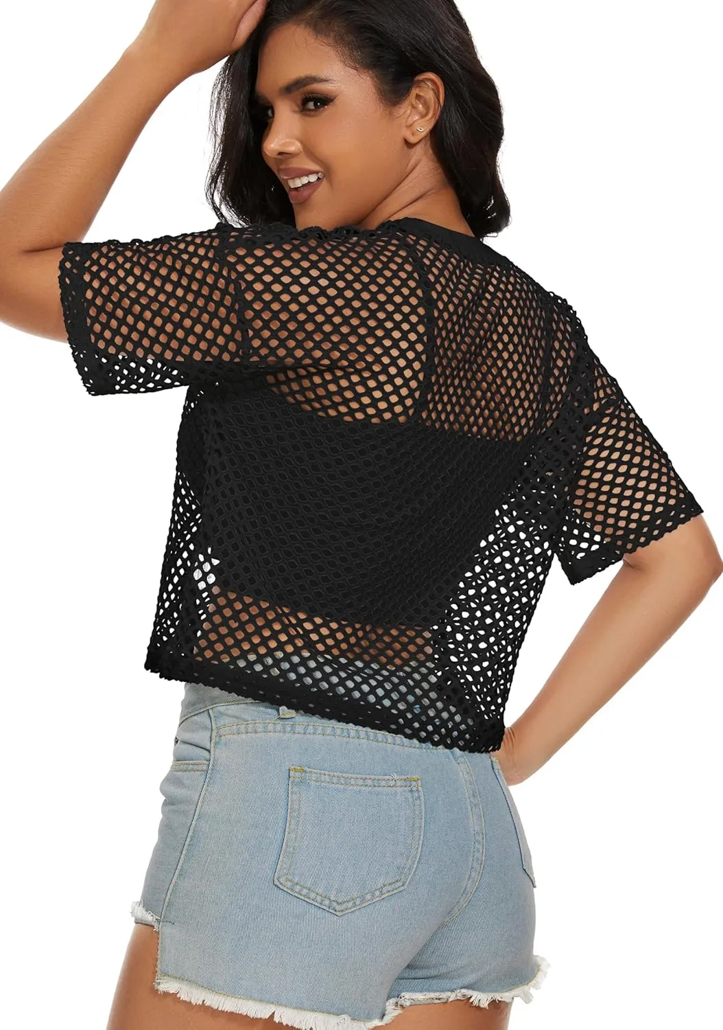 Women's Mesh Fishnet Top See Through Cover Up Short Sleeves T Shirts Sheer Blouse