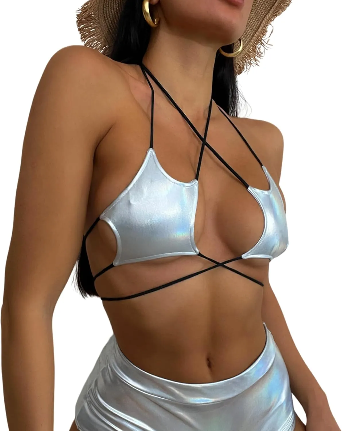 Women's Metallic Holographic Star Bra Crop Top Lace Up Halter Bralette Bandeau Camisole