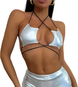 Women's Metallic Holographic Star Bra Crop Top Lace Up Halter Bralette Bandeau Camisole