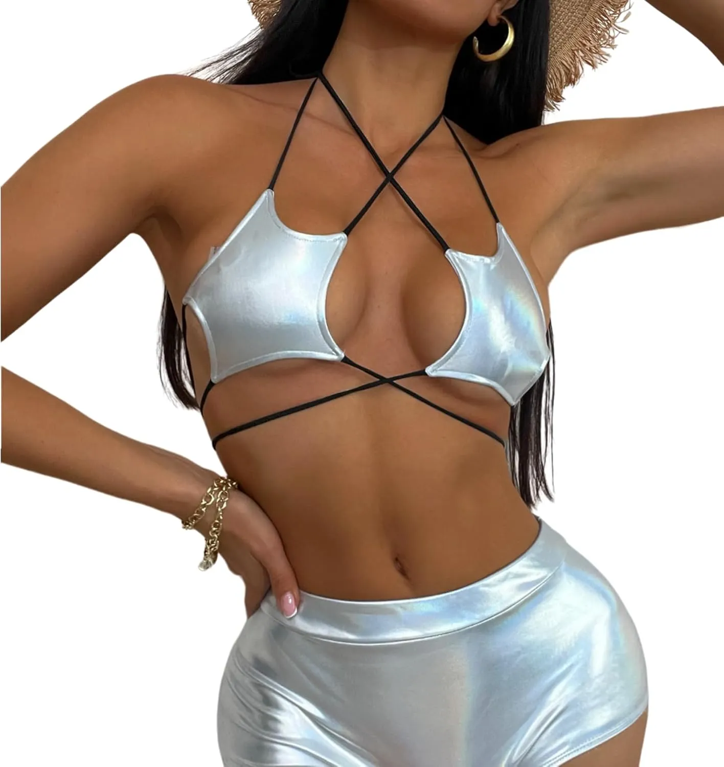 Women's Metallic Holographic Star Bra Crop Top Lace Up Halter Bralette Bandeau Camisole