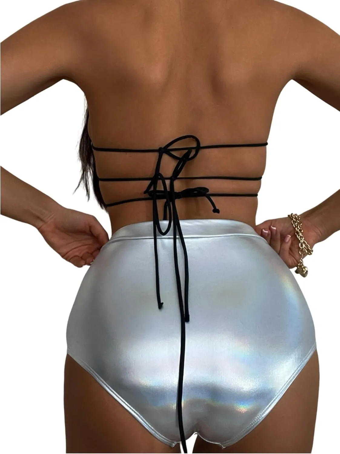 Women's Metallic Holographic Star Bra Crop Top Lace Up Halter Bralette Bandeau Camisole