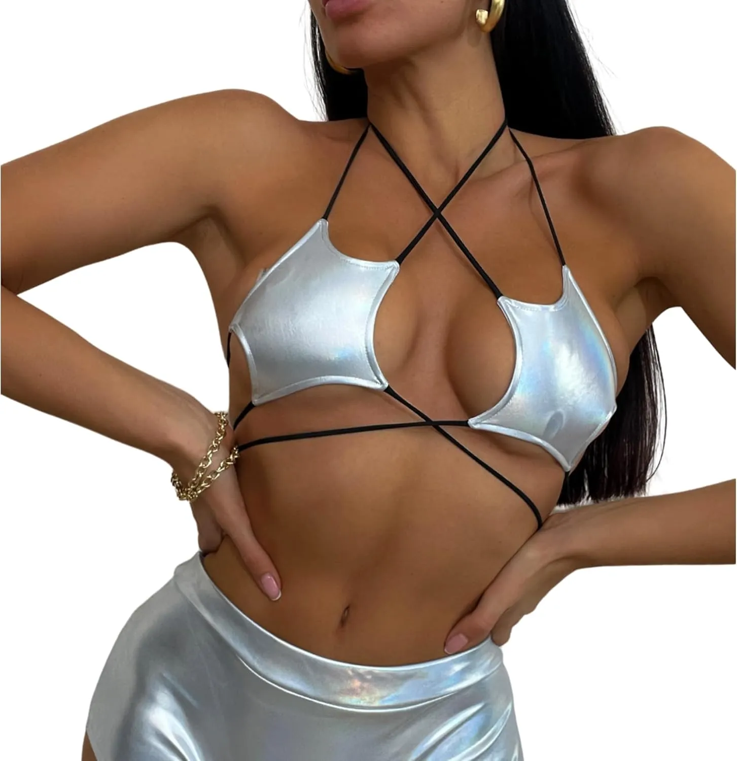 Women's Metallic Holographic Star Bra Crop Top Lace Up Halter Bralette Bandeau Camisole