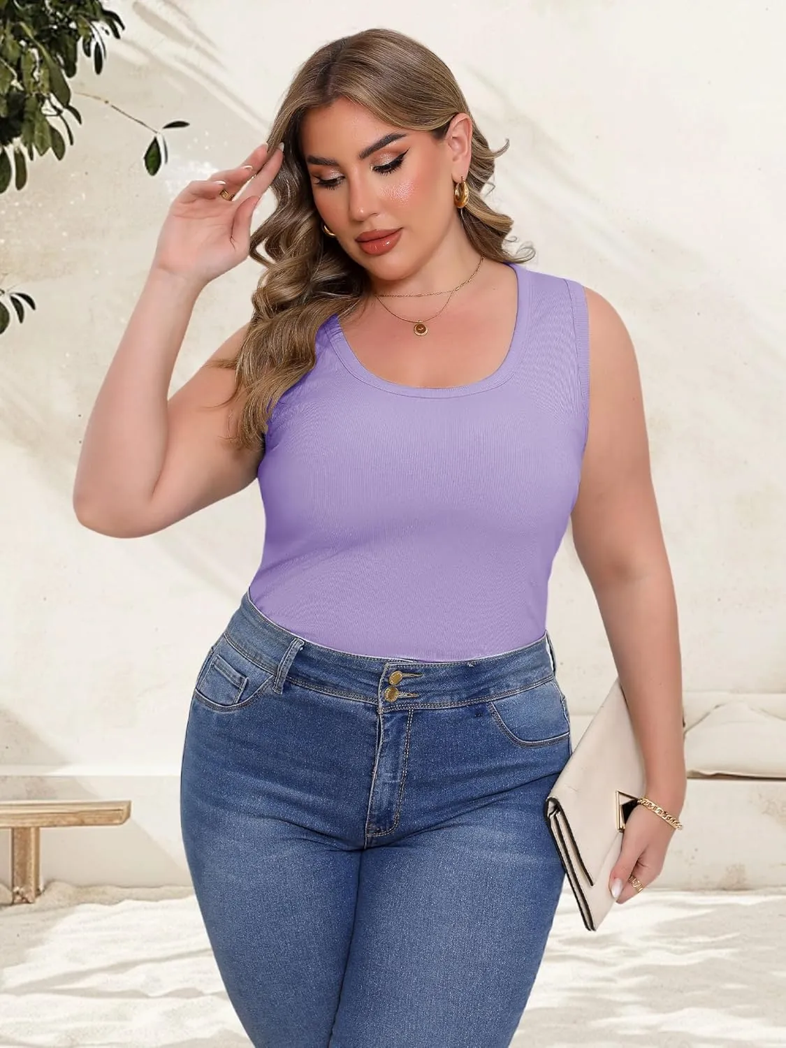 Women's Plus Size Tank Tops Summer Sleeveless Scoop Neck Cami Top Shirt Ribbed Knit Basic Casual Racerback Blouse
