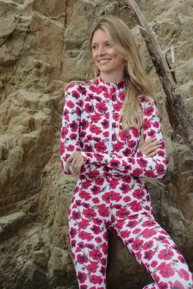 WOMEN'S "HIGH-WAIST" FRONT ZIP UPF 50  SUN PROTECTIVE FULL BODY LONG SWIMSUIT - RED POPPY