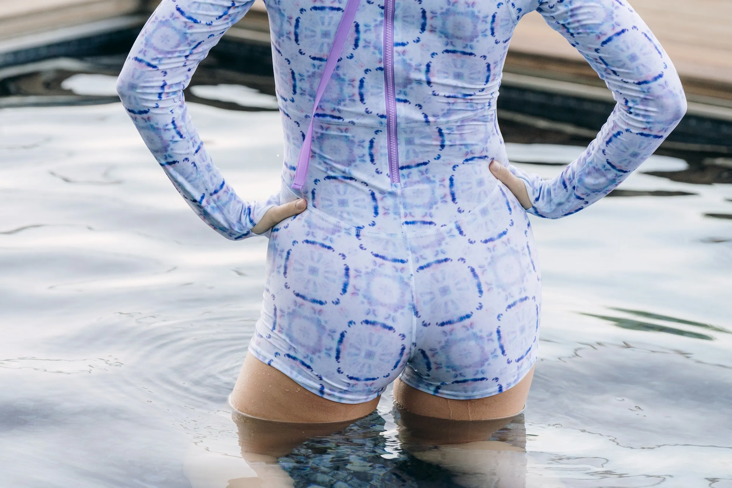 WOMEN'S UPF 50  SUN PROTECTIVE LONG SLEEVE "SHORTY" SWIMSUIT - GROOVE WAVE
