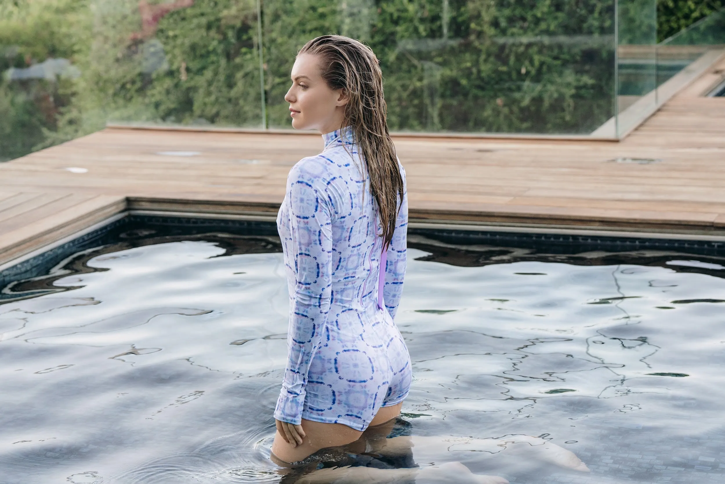 WOMEN'S UPF 50  SUN PROTECTIVE LONG SLEEVE "SHORTY" SWIMSUIT - GROOVE WAVE