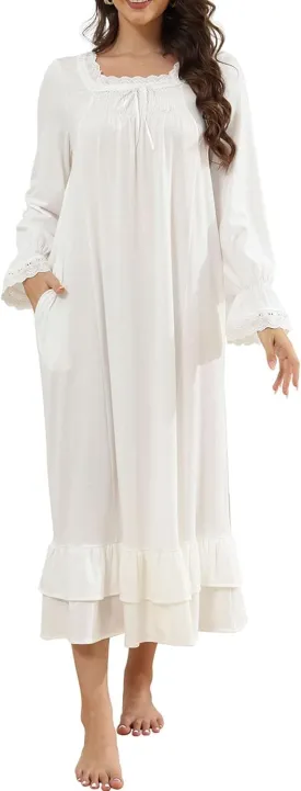Women's Victorian Nightgown Soft Cotton Sleepwear Long Sleeve Princess Nightdress with Pockets