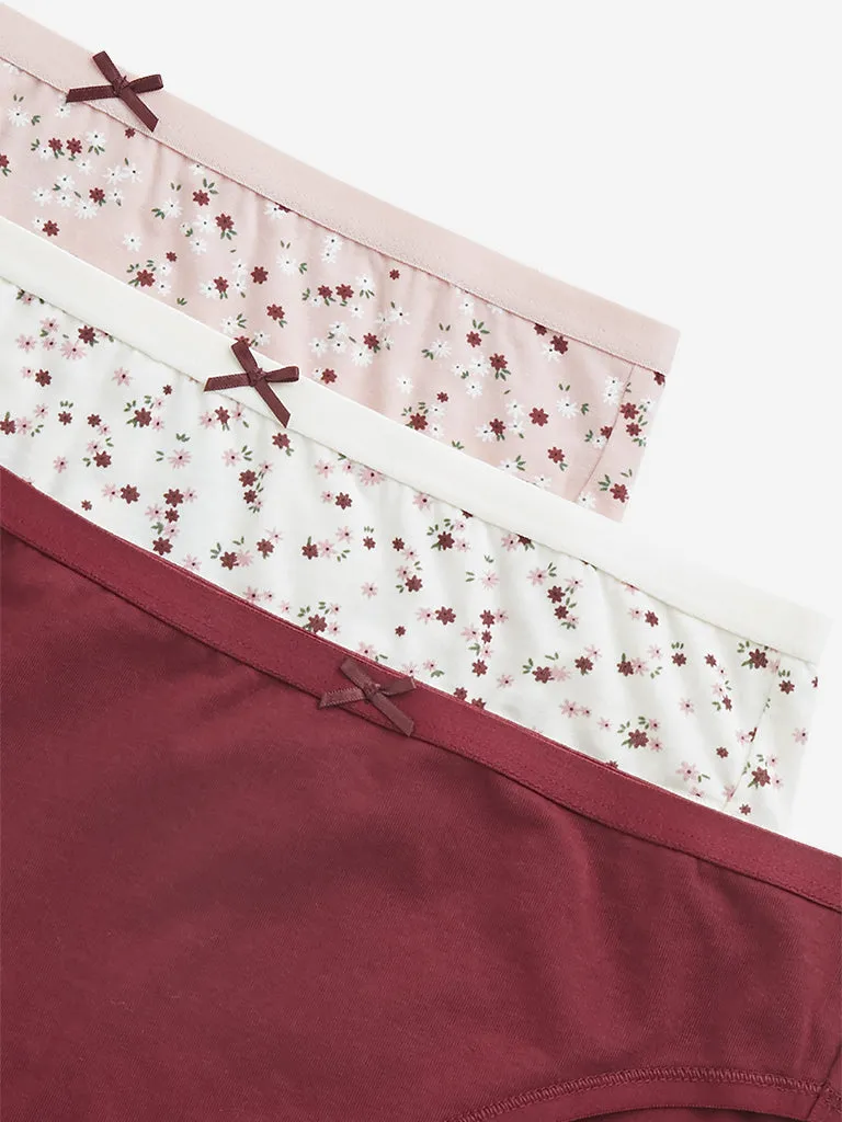 Wunderlove Maroon Printed Cotton Blend Briefs - Pack of 3