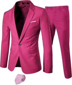 YND Men's Slim Fit 2 Piece Suit, One Button Solid Jacket Pants Set with Tie