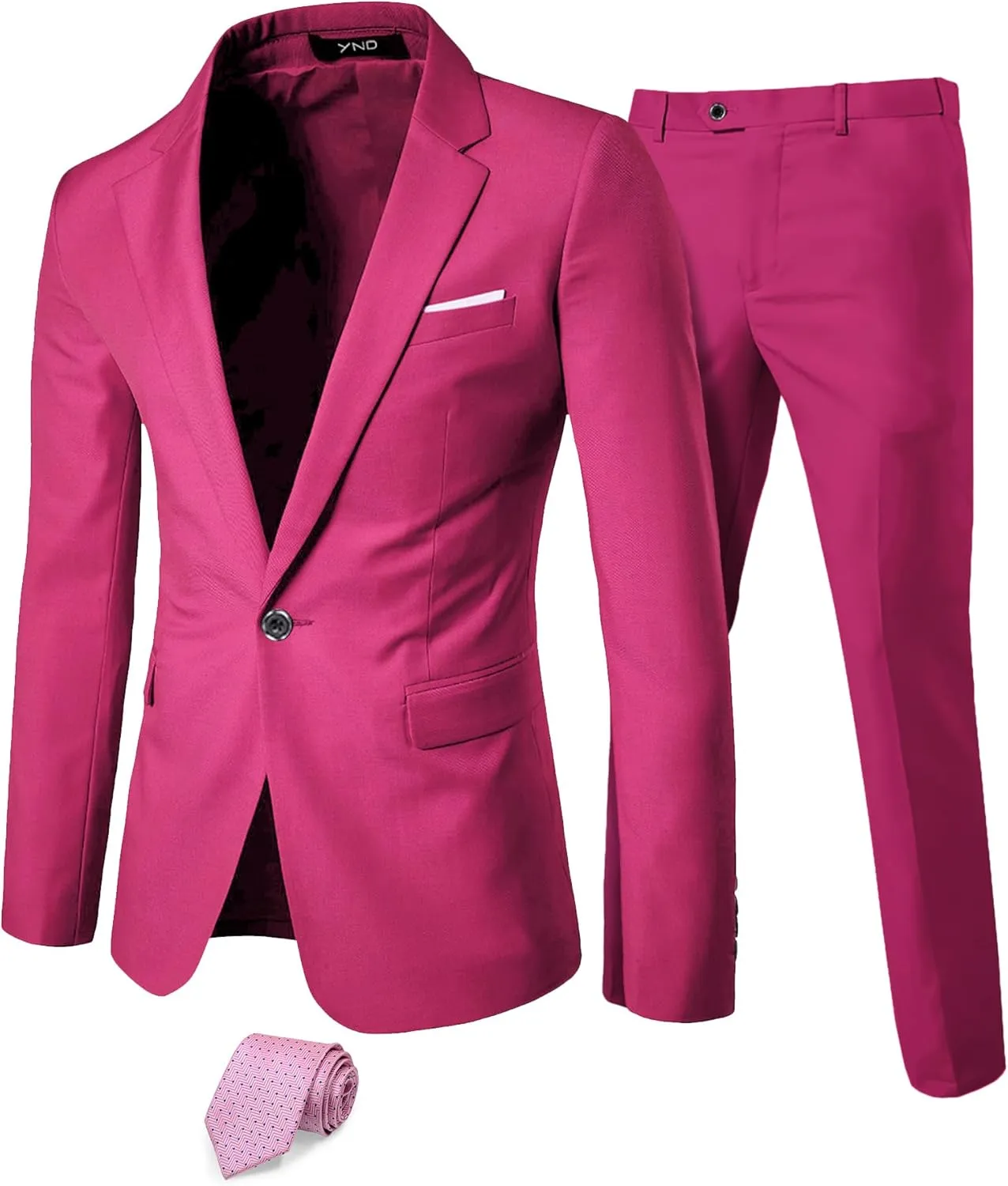 YND Men's Slim Fit 2 Piece Suit, One Button Solid Jacket Pants Set with Tie