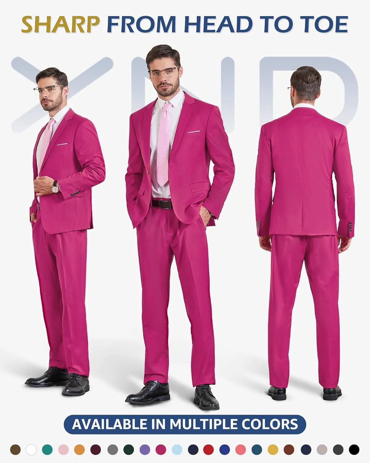 YND Men's Slim Fit 2 Piece Suit, One Button Solid Jacket Pants Set with Tie