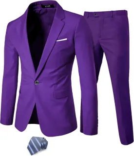YND Men's Slim Fit 2 Piece Suit, One Button Solid Jacket Pants Set with Tie